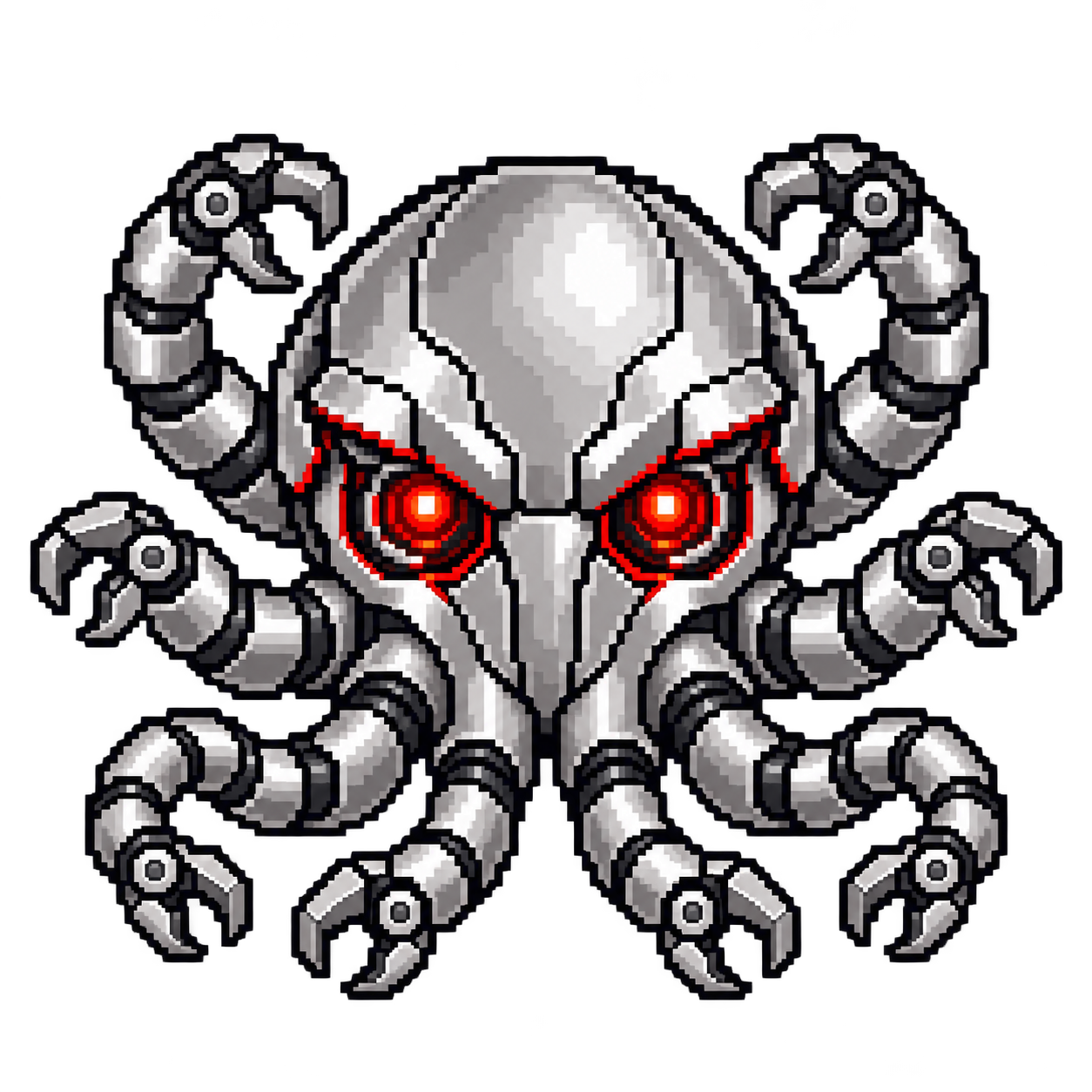 A silver mechanical octopus with red eyes, the Octoboard mascot